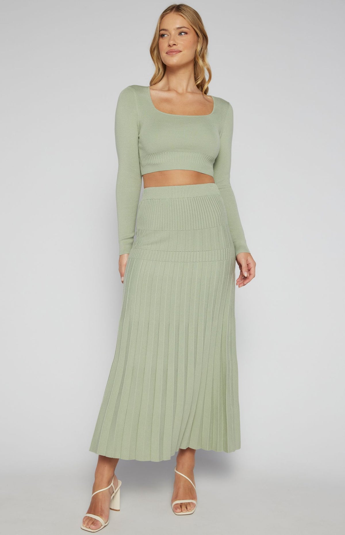 GRACE SAGE KNIT TOP & PLEATED SKIRT