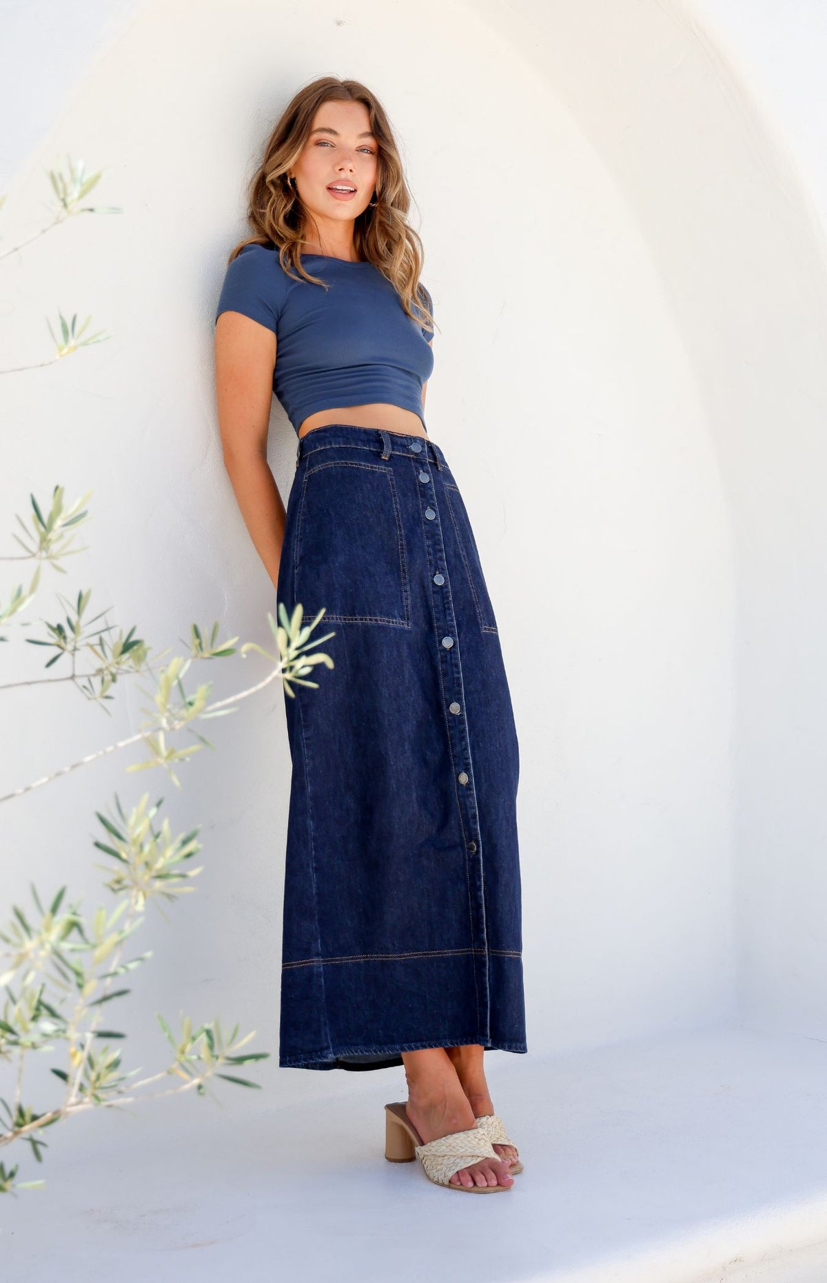 LUKA DARK DENIM BUTTON FRONT MIDI SKIRT