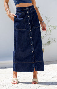 LUKA DARK DENIM BUTTON FRONT MIDI SKIRT