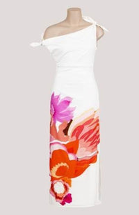 PARIS WHITE/FLORAL SHOULDER TIE MIDI DRESS