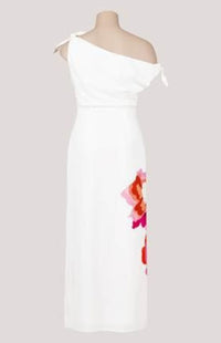 PARIS WHITE/FLORAL SHOULDER TIE MIDI DRESS